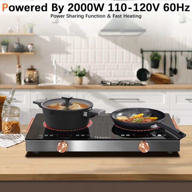 2 Burner Electric Cooktop 24 Inch Electric Stove, Nefaracy 2000W Portable Elecric Stove with Handle, 9 Power Settings, Senor Touch & Knob Control, Safety Lock, Timer, 110-120V Plug in