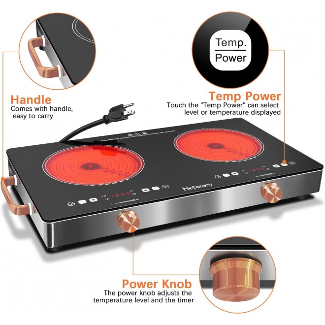 2 Burner Electric Cooktop 24 Inch Electric Stove, Nefaracy 2000W Portable Elecric Stove with Handle, 9 Power Settings, Senor Touch & Knob Control, Safety Lock, Timer, 110-120V Plug in