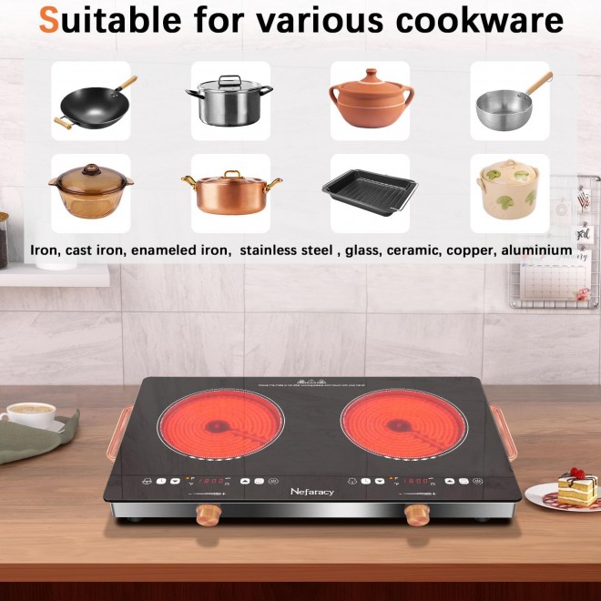 2 Burner Electric Cooktop 24 Inch Electric Stove, Nefaracy 2000W Portable Elecric Stove with Handle, 9 Power Settings, Senor Touch & Knob Control, Safety Lock, Timer, 110-120V Plug in