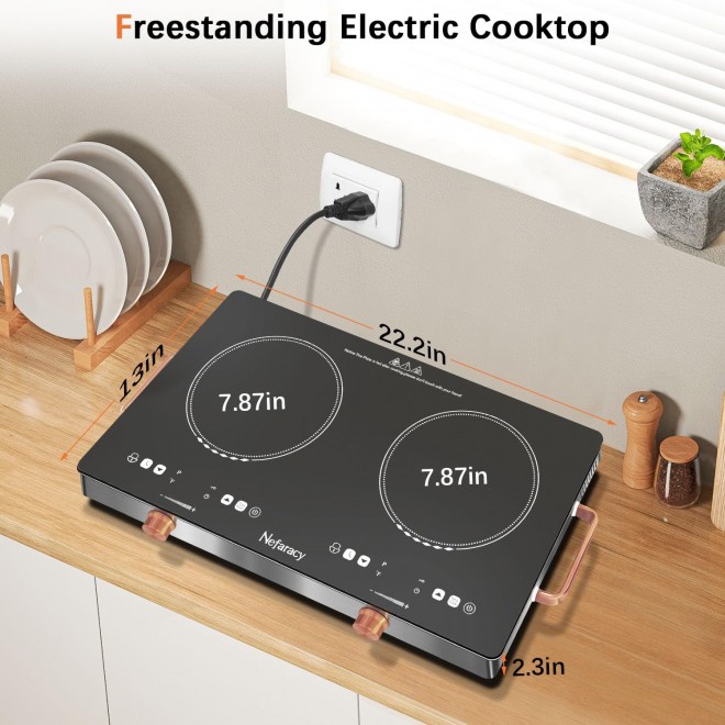 2 Burner Electric Cooktop 24 Inch Electric Stove, Nefaracy 2000W Portable Elecric Stove with Handle, 9 Power Settings, Senor Touch & Knob Control, Safety Lock, Timer, 110-120V Plug in