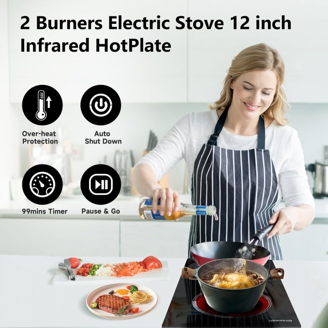 12 inch Electric Stove 2 Burners Hot Plates for Cooking, Countertop Hotplate Double Elements Cooktop, 120V Ceramic Hotplate Plug in Infrared Cooker, Countertop and Built-in Compatible