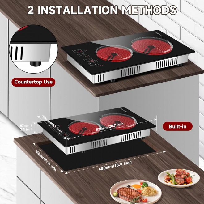 12 inch Electric Stove 2 Burners Hot Plates for Cooking, Countertop Hotplate Double Elements Cooktop, 120V Ceramic Hotplate Plug in Infrared Cooker, Countertop and Built-in Compatible