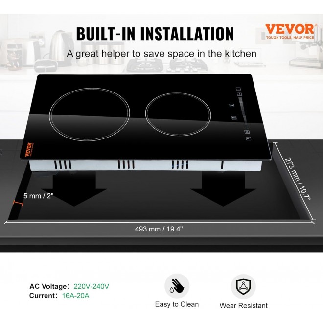 VEVOR Built in Electric Stove Top,12 inch 2 Burners, 240V Glass Radiant Cooktop with Sensor Touch Control, Timer & Child Lock Included, 9 Power Levels for Simmer Steam Slow Cook Fry