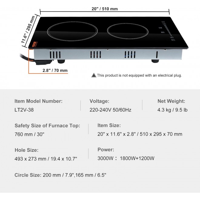 VEVOR Built in Electric Stove Top,12 inch 2 Burners, 240V Glass Radiant Cooktop with Sensor Touch Control, Timer & Child Lock Included, 9 Power Levels for Simmer Steam Slow Cook Fry