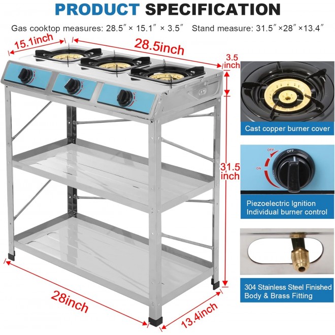 Propane Gas Stove 3 Burner Gas Stove with Removable Leg Stand Portable Gas Stove Auto Ignition Camping three Burner LPG for RV, Apartment, Outdoor