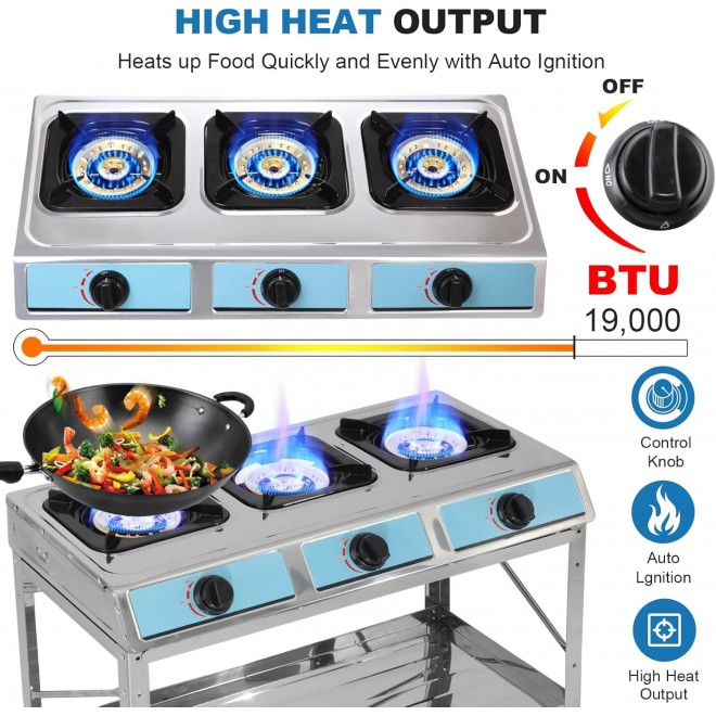 Propane Gas Stove 3 Burner Gas Stove with Removable Leg Stand Portable Gas Stove Auto Ignition Camping three Burner LPG for RV, Apartment, Outdoor