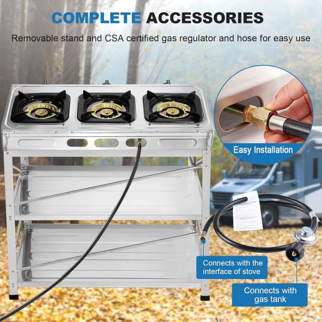 Propane Gas Stove 3 Burner Gas Stove with Removable Leg Stand Portable Gas Stove Auto Ignition Camping three Burner LPG for RV, Apartment, Outdoor