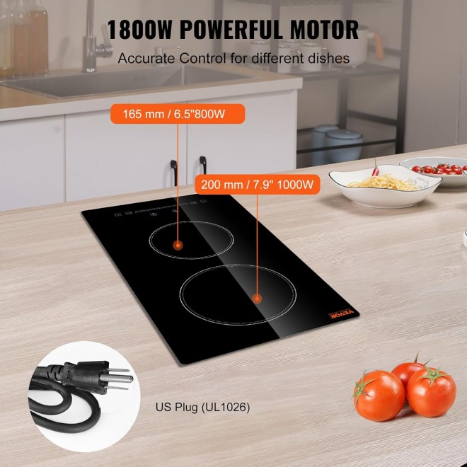 VEVOR Built in Electric Stove Top, 12 inch 2 Burners, Glass Radiant Cooktop with Sensor Touch Control, Timer & Child Lock Included, 9 Power Levels for Simmer Steam Slow Cook Fry,110V with US Plug