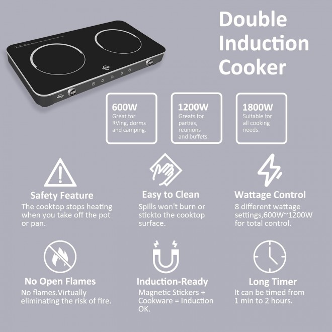 Double Induction Cooktop, 1800W Sensor Touch Electric Cooker Hot Plate, 6.7 Heating Coil,8 Power 8 Temperature Setting Countertop Burner with Timer-Proof Ceramic Glass Surface