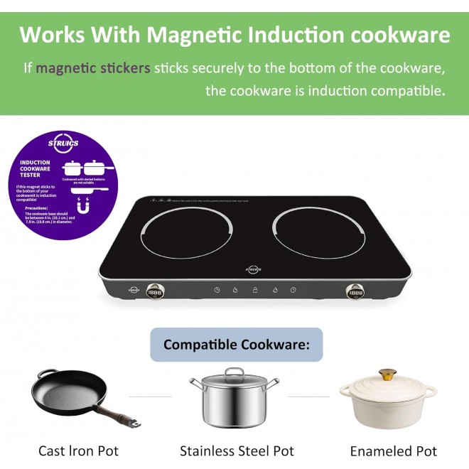 Double Induction Cooktop, 1800W Sensor Touch Electric Cooker Hot Plate, 6.7 Heating Coil,8 Power 8 Temperature Setting Countertop Burner with Timer-Proof Ceramic Glass Surface