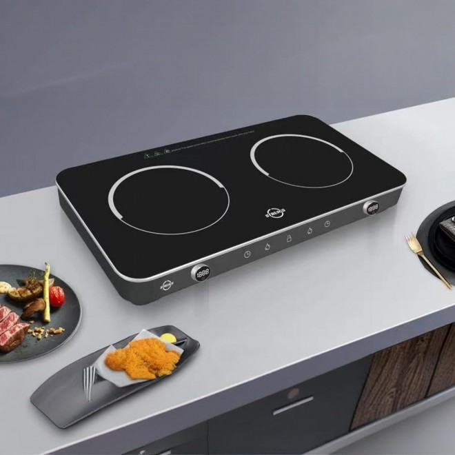 Double Induction Cooktop, 1800W Sensor Touch Electric Cooker Hot Plate, 6.7 Heating Coil,8 Power 8 Temperature Setting Countertop Burner with Timer-Proof Ceramic Glass Surface