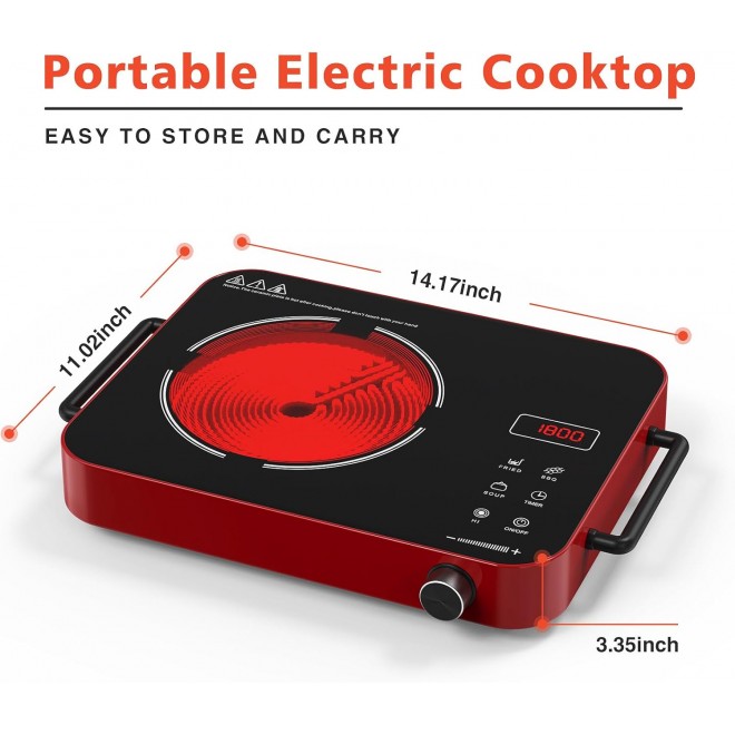 Portable Electric Cooktop, Electric Stove Single Burner Ceramic Cooktop 110v with Plug, Hot Plate Electric Countertop, Child Safety Lock, Timer,1800W Infrared Burner,Touch and Knob Control