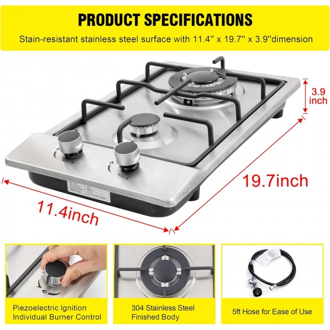 12 Gas Cooktops, 2 Burner Drop-in Propane/Natural Gas Cooker, 12 Inch Stainless Steel Gas Stove Top Dual Fuel Easy to Clean (12Wx20L)