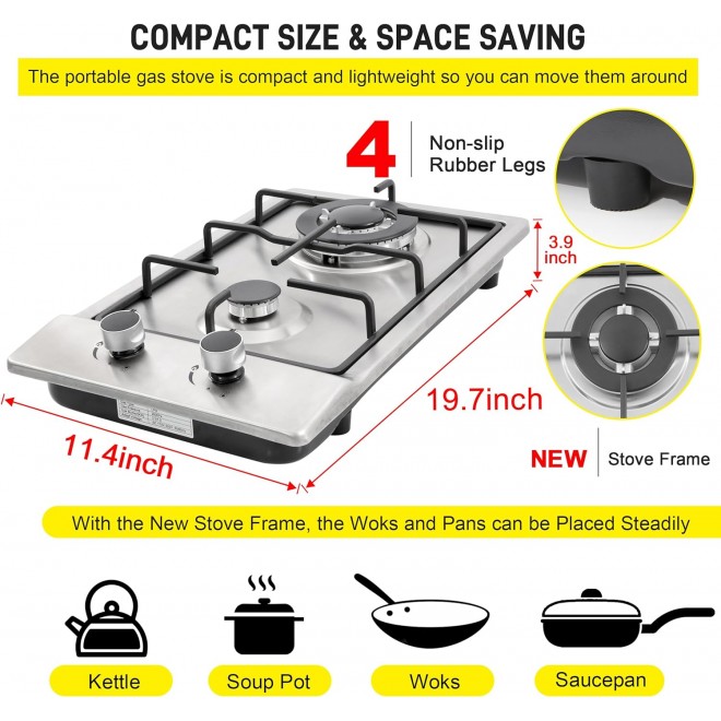 12 Gas Cooktops, 2 Burner Drop-in Propane/Natural Gas Cooker, 12 Inch Stainless Steel Gas Stove Top Dual Fuel Easy to Clean (12Wx20L)