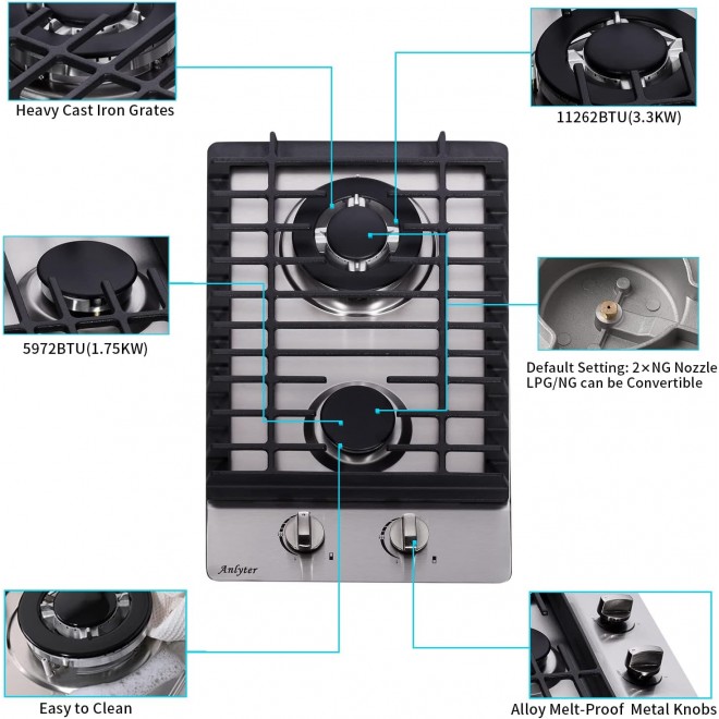 12 Inch Gas Cooktop, 2 Burners Built-in Gas Stovetop Stainless Steel Gas Stove Top LPG/NG Convertible Dual Fuel Sealed Gas Hob