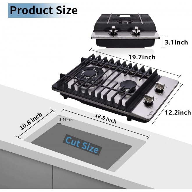 12 Inch Gas Cooktop, 2 Burners Built-in Gas Stovetop Stainless Steel Gas Stove Top LPG/NG Convertible Dual Fuel Sealed Gas Hob