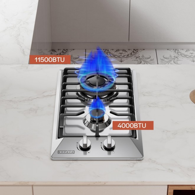 Empava 12 Gas Stove Cooktop with 2 Italy Sabaf Sealed Burners NG/LPG Convertible in Stainless Steel, 12 inches