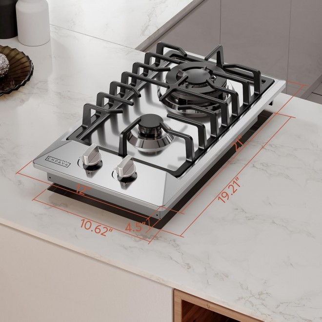 Empava 12 Gas Stove Cooktop with 2 Italy Sabaf Sealed Burners NG/LPG Convertible in Stainless Steel, 12 inches