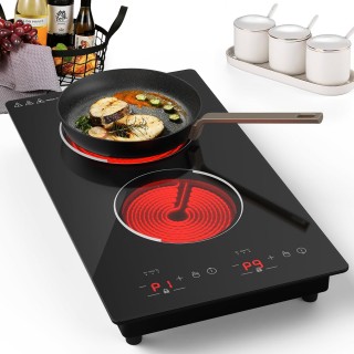 VBGK Electric Cooktop, 12 Inch Built-in Radiant Electric Stove Top, 110V 2100W Electric Stove with 2 Burners, 9 Heating Level, Timer & Kid Safety Lock, Sensor Touch Control Double Induction Cooktop