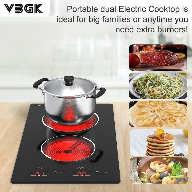 VBGK Electric Cooktop, 12 Inch Built-in Radiant Electric Stove Top, 110V 2100W Electric Stove with 2 Burners, 9 Heating Level, Timer & Kid Safety Lock, Sensor Touch Control Double Induction Cooktop