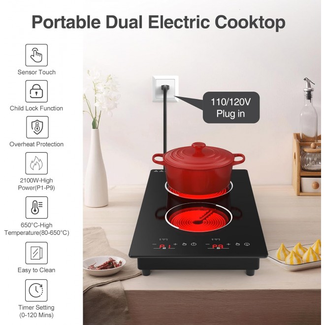 VBGK Electric Cooktop, 12 Inch Built-in Radiant Electric Stove Top, 110V 2100W Electric Stove with 2 Burners, 9 Heating Level, Timer & Kid Safety Lock, Sensor Touch Control Double Induction Cooktop