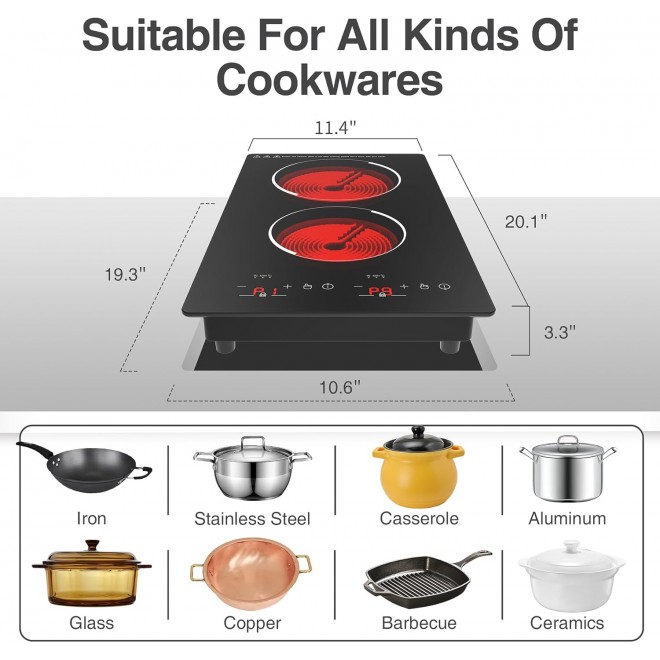 VBGK Electric Cooktop, 12 Inch Built-in Radiant Electric Stove Top, 110V 2100W Electric Stove with 2 Burners, 9 Heating Level, Timer & Kid Safety Lock, Sensor Touch Control Double Induction Cooktop