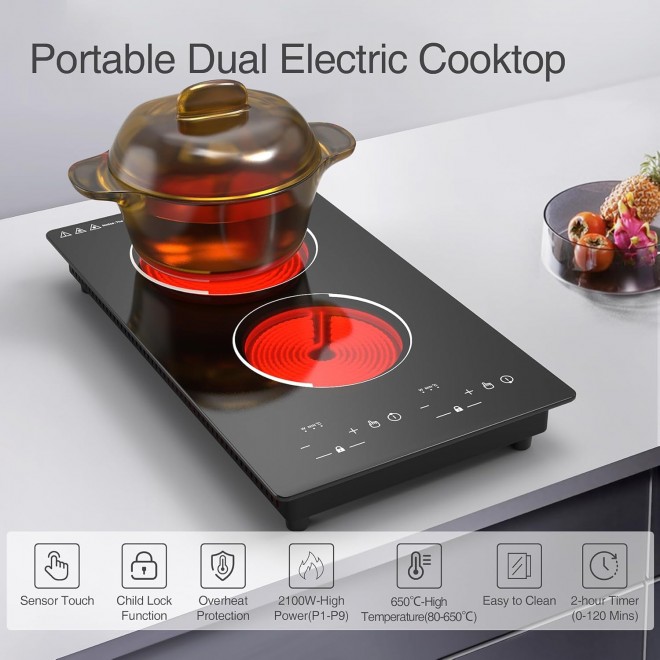 VBGK Electric Cooktop, 12 Inch Built-in Radiant Electric Stove Top, 110V 2100W Electric Stove with 2 Burners, 9 Heating Level, Timer & Kid Safety Lock, Sensor Touch Control Double Induction Cooktop