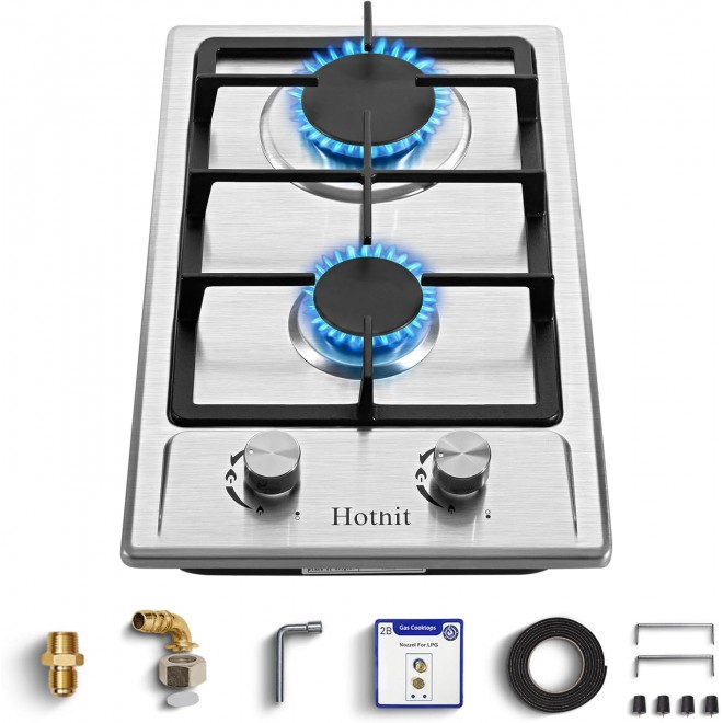 2 Burner Propane Gas Cooktop, 12 Inch LPG/NG Dual Fuel Built-in Gas Stove Top, Stainless Steel Electronic Ignition Gas Hob for Apartment, Outdoor, RVs(L12×W20)