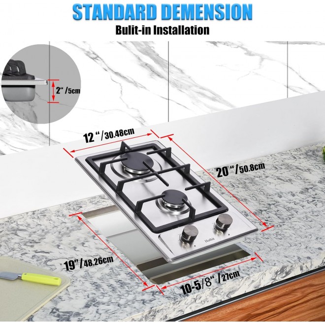 2 Burner Propane Gas Cooktop, 12 Inch LPG/NG Dual Fuel Built-in Gas Stove Top, Stainless Steel Electronic Ignition Gas Hob for Apartment, Outdoor, RVs(L12×W20)