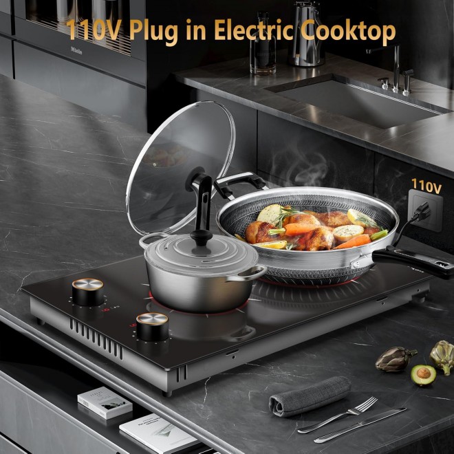 2 Burner Electric Cooktop, 12 Inch Electric Stove Top Built-in & Countertop, 110V Two Burner Electric Cook Top with Knob Control, 9 Power Level, Over Heat Protection, 2000W, 110-120V Plug in