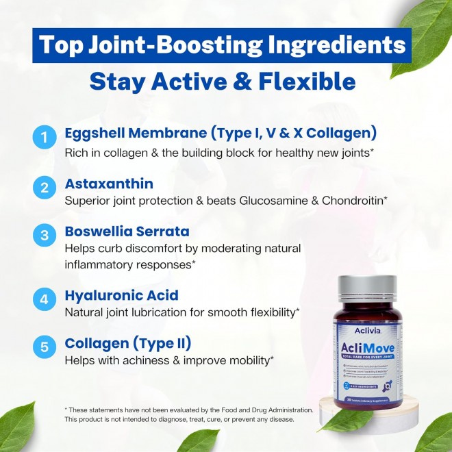 AcliMove – Joint Support Supplement for Mobility & Flexibility – Joint Supplement with Hyaluronic Acid, Collagen, Egg Shell Membrane, Calcium & Astaxanthin – Non-GMO, Gluten-Free (30 Tablets)