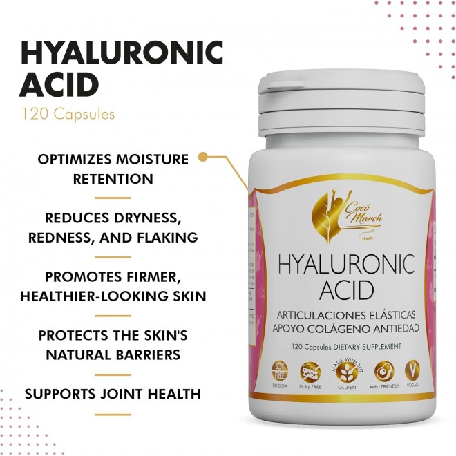 Coco March Hyaluronic Acid Low Molecular Weight for Collagen Production, Joint, Skin and Cell Health - Free from: Gluten, Soy, Dairy - Keto Friendly, Vegan 4 Month Supply 120 Servings