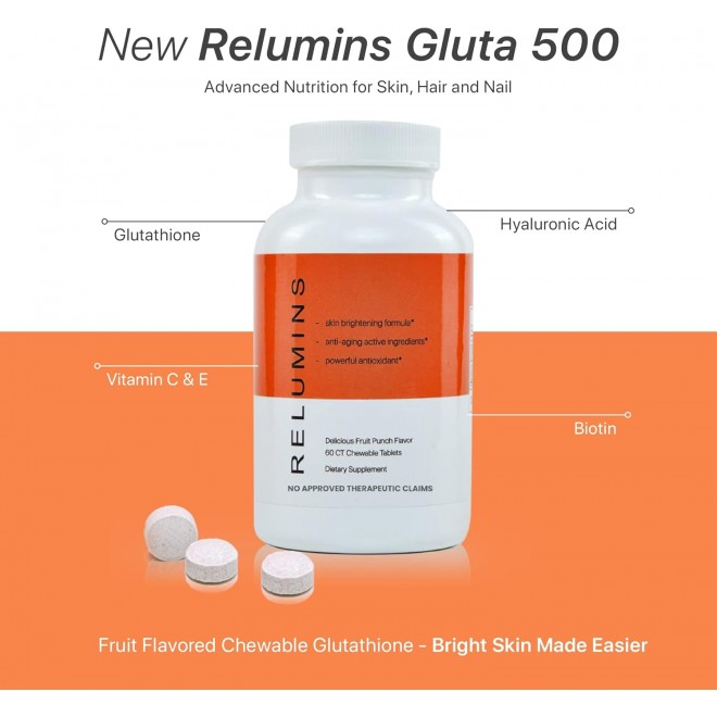 Relumins Gluta 500 - Chewable/Sublime Wall Glutathione Complex with Advanced Skin Nutrition - Hyaluronic Acid, VIT C, Biotin Plus 4 Powerful Actives - Fruit Punch Flavored - 60CT x 3 Bottles