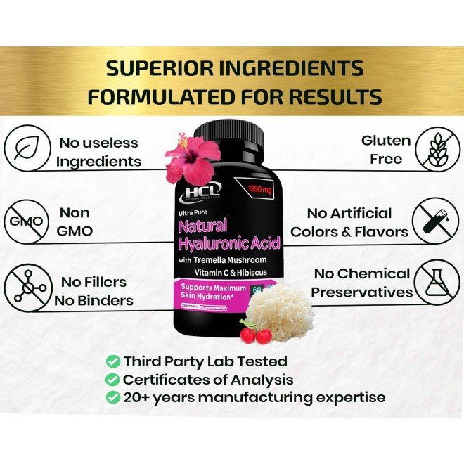 Natural Hyaluronic Acid Supplement 5X Stronger Hydration Pills from Pure Tremella Mushroom with Vitamin C & Hibiscus - Skin Supplement Anti Wrinkle Dietary Capsules - hair nails vitamins