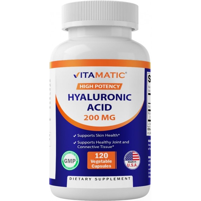 Vitamatic Hyaluronic Acid Supplements 200mg - Supports Healthy Connective Tissue and Joints - Promote Youthful Healthy Skin - 120 Capsules