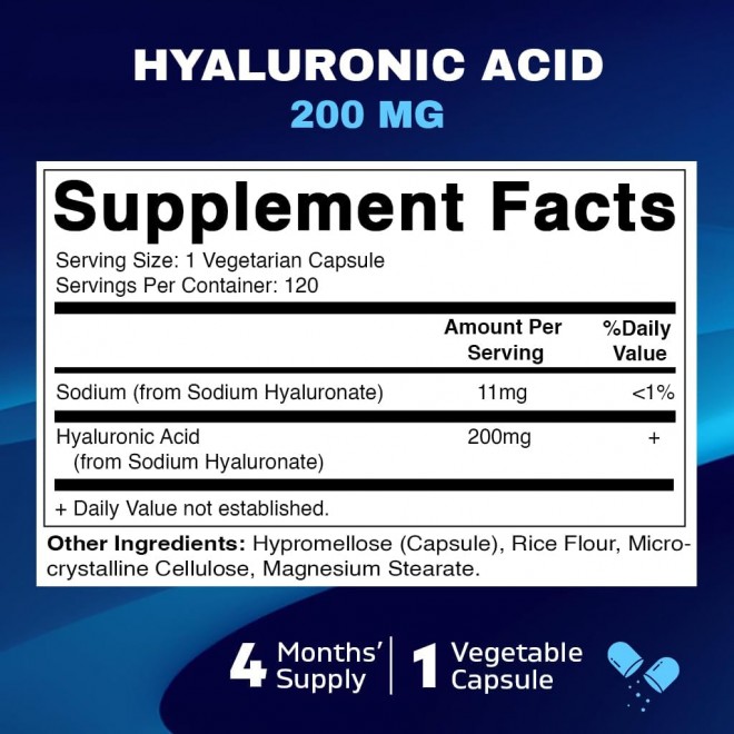 Vitamatic Hyaluronic Acid Supplements 200mg - Supports Healthy Connective Tissue and Joints - Promote Youthful Healthy Skin - 120 Capsules