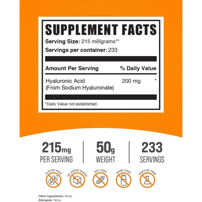 BulkSupplements.com Hyaluronic Acid Powder - Hyaluronic Acid Supplements, Hyaluronic Acid 215mg - Hyaluronic Acid Food Grade, Gluten Free - 215mg per Serving, 50g (1.8 oz) (Pack of 1)