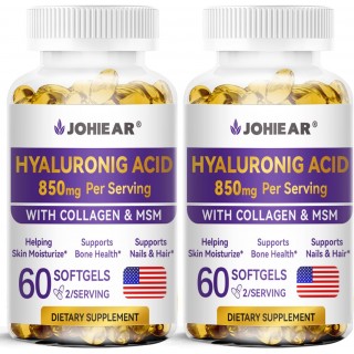 Hyaluronic Acid Supplements 2 Pack, 850mg High Bioavailable Dietary Hyaluronic Acid Capsules, Double Strength Skin Hydration, Joint Lubrication, Eye Health, Hair & Nails Growth Support