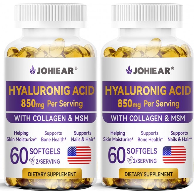 Hyaluronic Acid Supplements 2 Pack, 850mg High Bioavailable Dietary Hyaluronic Acid Capsules, Double Strength Skin Hydration, Joint Lubrication, Eye Health, Hair & Nails Growth Support