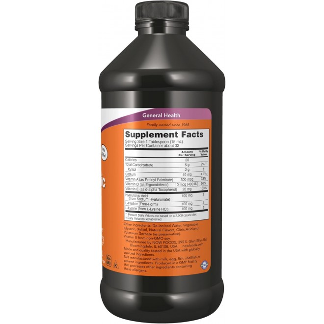 NOW Foods Supplements, Liquid Hyaluronic Acid, Delicious Berry Flavor, 100 mg Per Serving, 16-Ounce