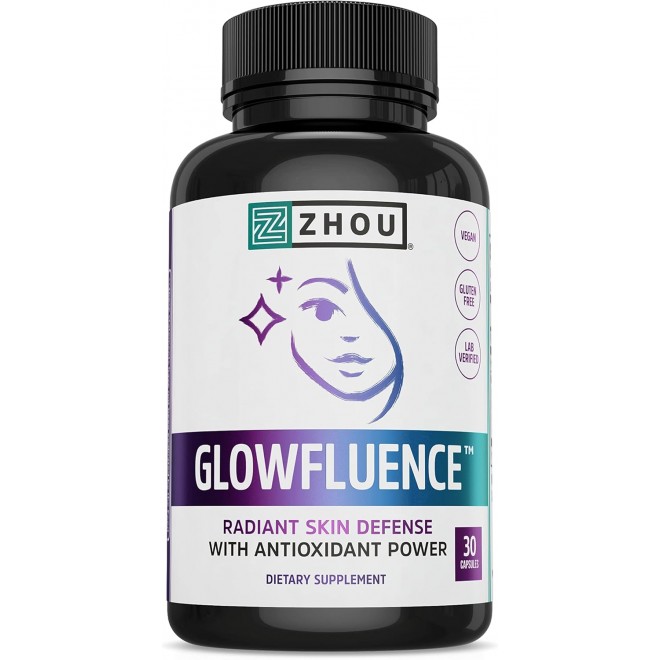 Zhou Glowfluence Hyaluronic Acid Supplement with Vitamin C and Antioxidants, Skin Elasticity and Firmness Support for Youthful Radiant Skin, Blended Supplement for Beautiful Glow, 30 Veg Caps