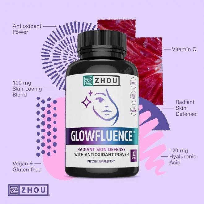 Zhou Glowfluence Hyaluronic Acid Supplement with Vitamin C and Antioxidants, Skin Elasticity and Firmness Support for Youthful Radiant Skin, Blended Supplement for Beautiful Glow, 30 Veg Caps