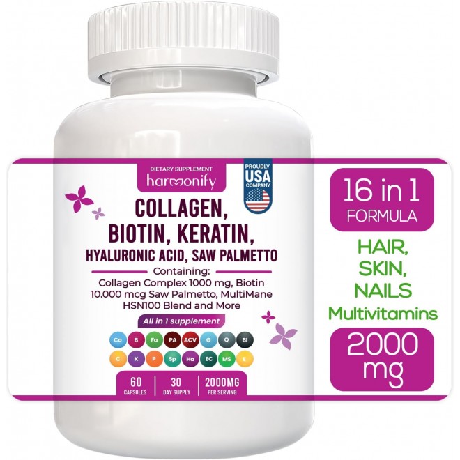 Collagen Biotin Keratin Saw Palmetto Hyaluronic Acid Complex Supplement with Vitamin E, Folic Acid, Pumpkin Seed and MSM, Hair Skin & Nails Multivitamins, 16 in 1 Capsules, 1000 mg