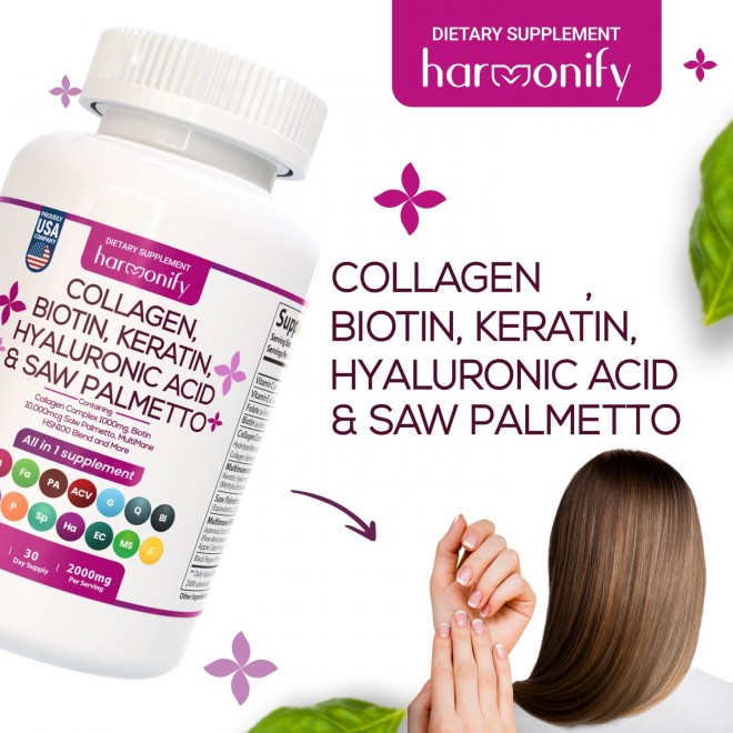 Collagen Biotin Keratin Saw Palmetto Hyaluronic Acid Complex Supplement with Vitamin E, Folic Acid, Pumpkin Seed and MSM, Hair Skin & Nails Multivitamins, 16 in 1 Capsules, 1000 mg