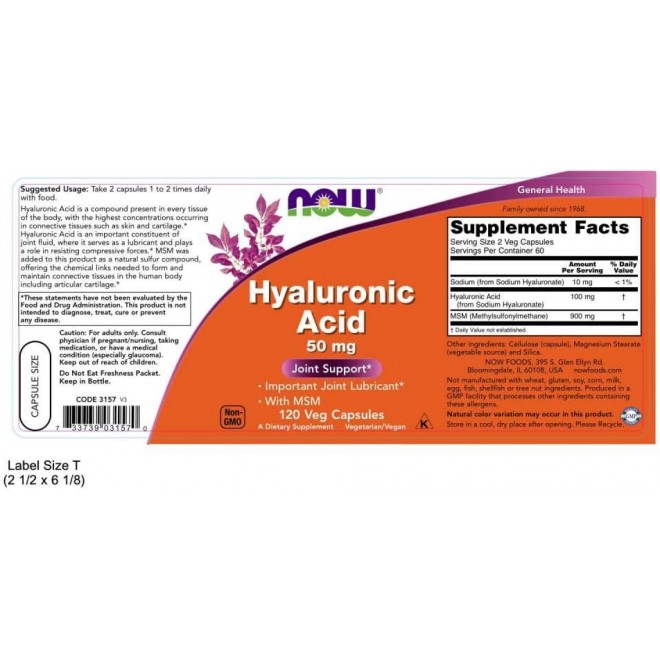 NOW Foods Supplements, Hyaluronic Acid 50 mg with MSM, Joint Support*, 120 Veg Capsules