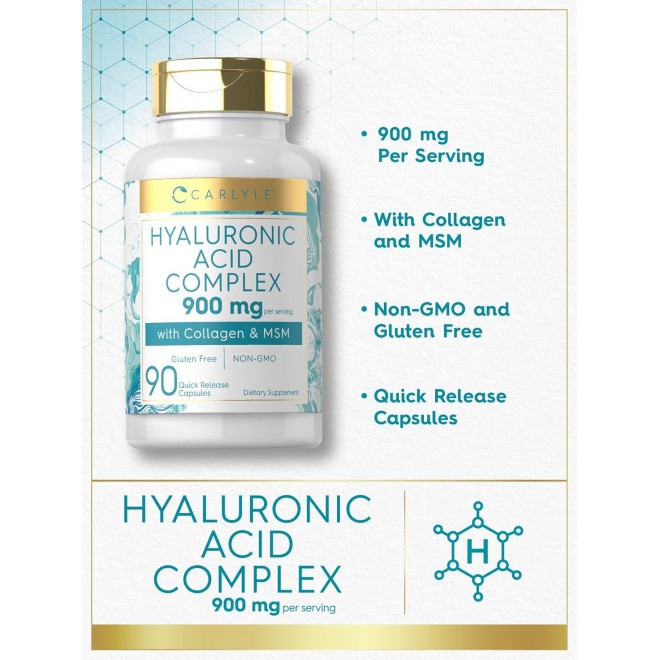 Carlyle Hyaluronic Acid with Collagen 900mg | 90 Capsules | with MSM | Hydrolyzed Collagen Complex | Non-GMO, Gluten Free Supplement