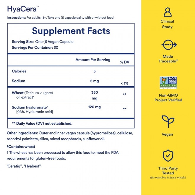 Ritual HyaCera Skin Supplement for Wrinkle Support, with Hyabest and Ceratiq for Skin Hydration Support, Hyaluronic Acid, Glycolipids, Ceramides, Gluten Free, Non GMO, Vanilla Essence, 30 Day Supply