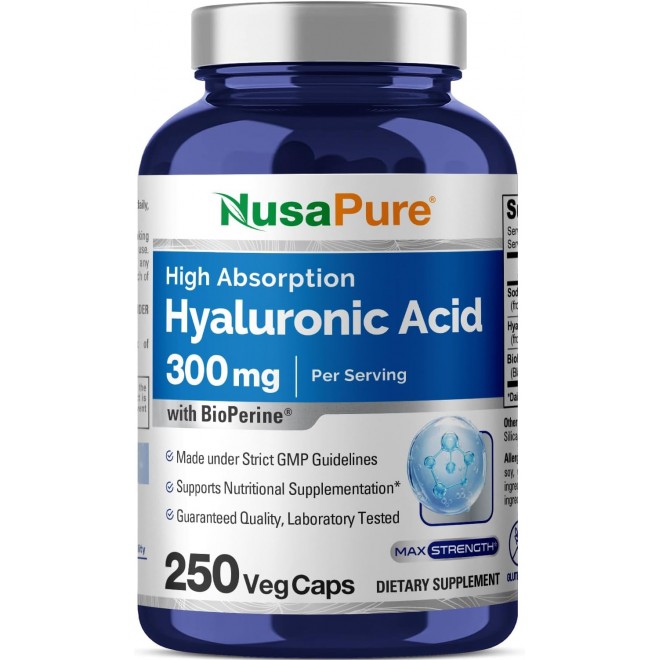 NusaPure Hyaluronic Acid 300mg 250 Veggie Capsules (Non-GMO, Gluten Free)