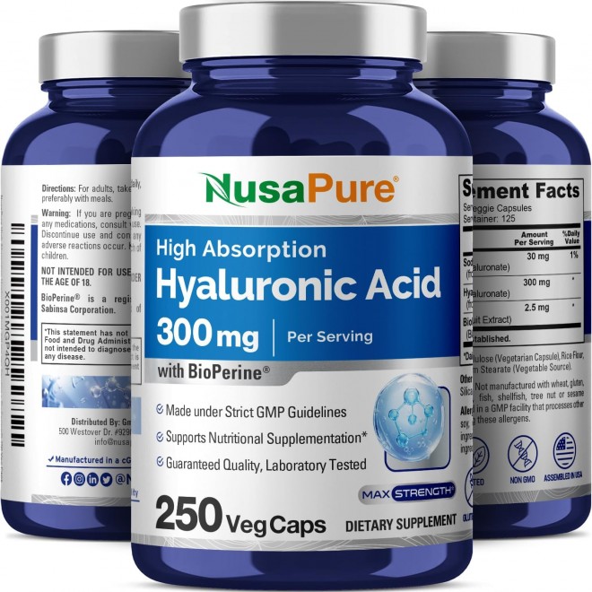 NusaPure Hyaluronic Acid 300mg 250 Veggie Capsules (Non-GMO, Gluten Free)