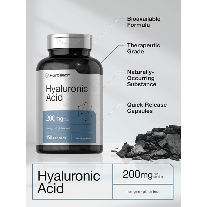 Horbäach Hyaluronic Acid Supplement | 200 mg | 150 Capsules | Non-GMO and Gluten Free Supplement